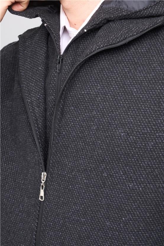 Çetinkaya Mentality 7843 Erkek Kapüşonlu Regular Kaşe Kaban Siyah Üzeri Gri Petek