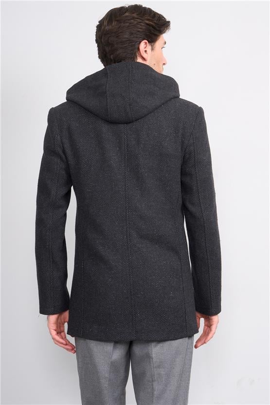 Çetinkaya Mentality 7843 Erkek Kapüşonlu Regular Kaşe Kaban Siyah Üzeri Gri Petek