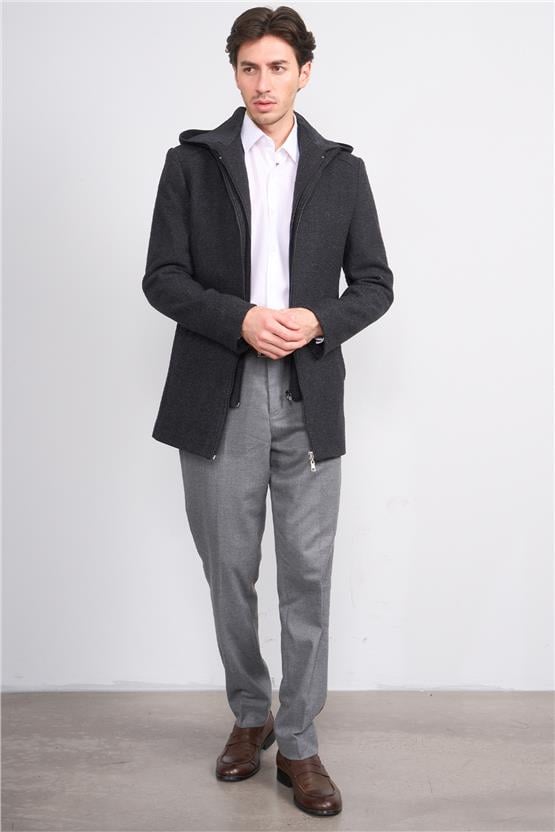 Çetinkaya Mentality 7843 Erkek Kapüşonlu Regular Kaşe Kaban Siyah Üzeri Gri Petek