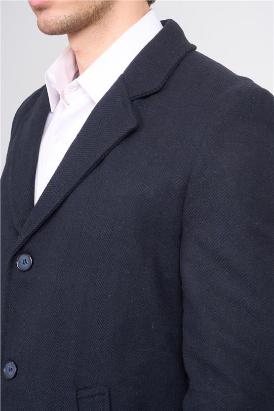 Çetinkaya Mentality 7849 Erkek Mono Yaka Regular Kaşe Kaban Lacivert Balıksırtı