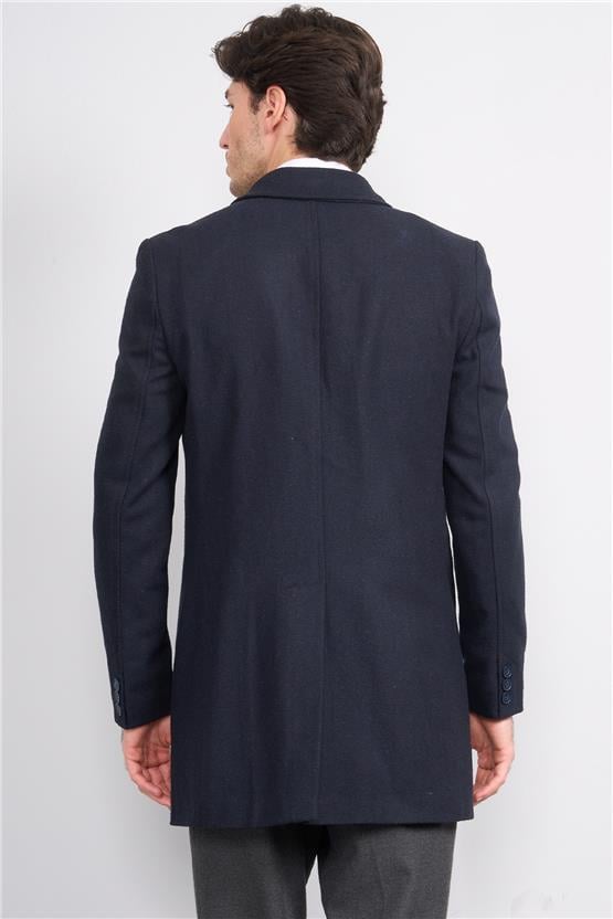 Çetinkaya Mentality 7849 Erkek Mono Yaka Regular Kaşe Kaban Lacivert Balıksırtı