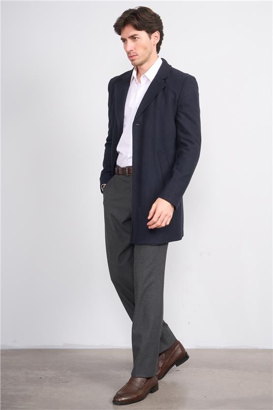 Çetinkaya Mentality 7849 Erkek Mono Yaka Regular Kaşe Kaban Lacivert Balıksırtı