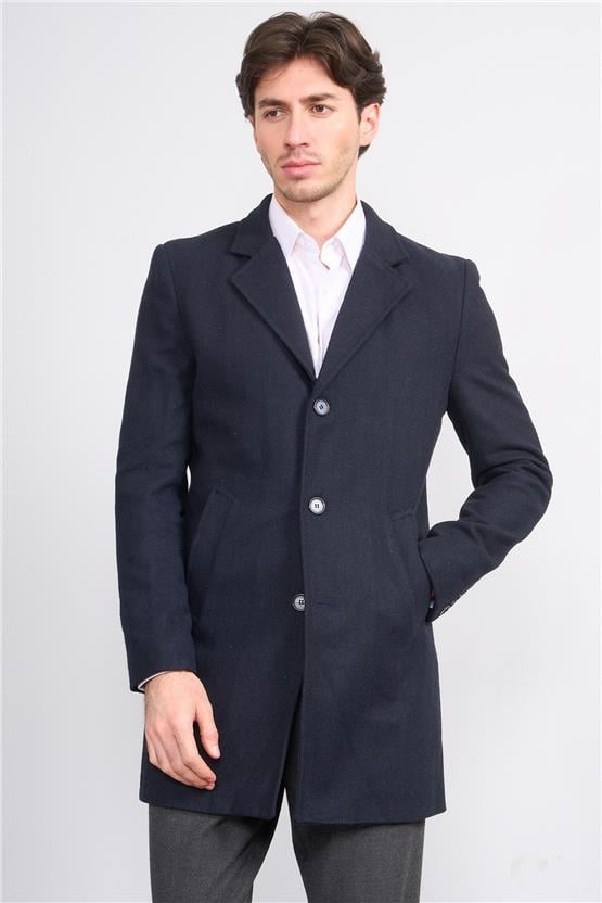 Çetinkaya Mentality 7849 Erkek Mono Yaka Regular Kaşe Kaban Lacivert Balıksırtı