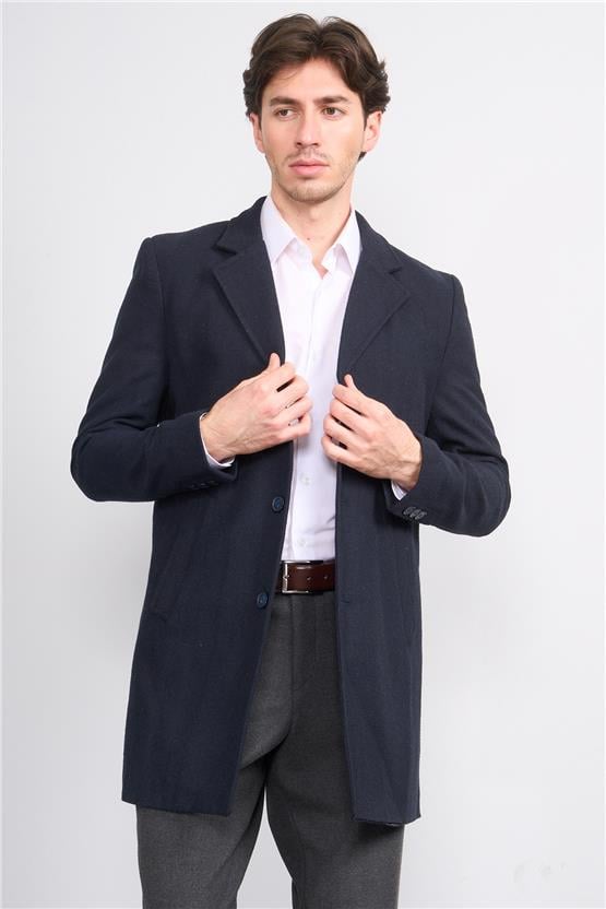 Çetinkaya Mentality 7849 Erkek Mono Yaka Regular Kaşe Kaban Lacivert Balıksırtı