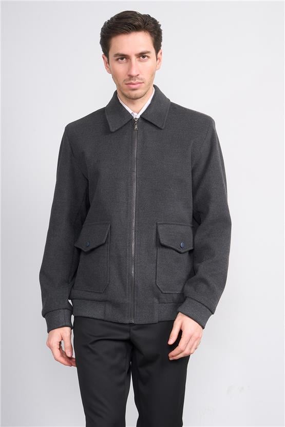 Çetinkaya Mentality 7988 Erkek Yaka Fermuarlı Kaşe Kaban Antrasit