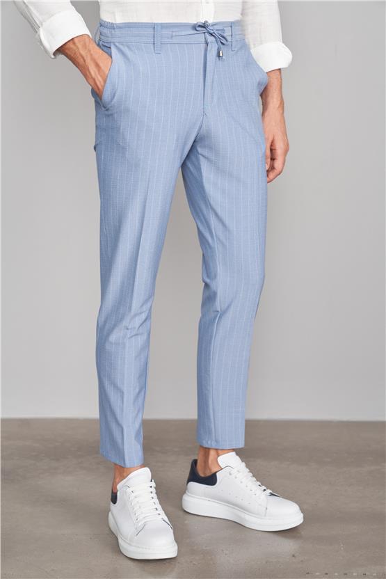 Çetinkaya Mentality 8100 Erkek Yan Jogger Pantolon Açık Mavi Üzeri Beyaz Çizgili