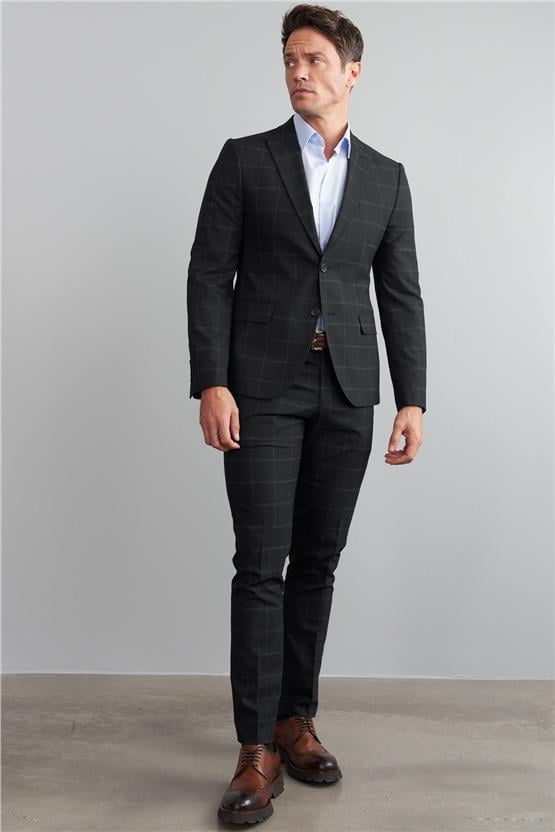 Çetinkaya Mentality 9540 Erkek Yünter Sivri Yaka Slim Fit Takım Elbise Siyah Ekoseli