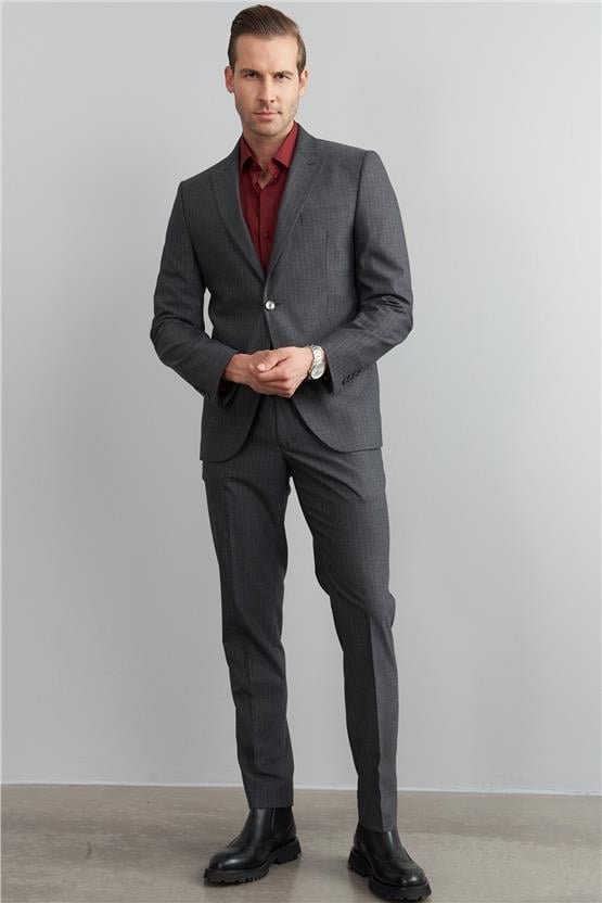 Çetinkaya Mentality 9544 Erkek Yünter Sivri Yaka Slim Fit Takım Elbise Gri Çizgili