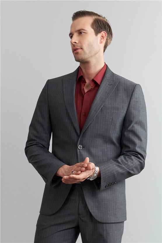Çetinkaya Mentality 9544 Erkek Yünter Sivri Yaka Slim Fit Takım Elbise Gri Çizgili
