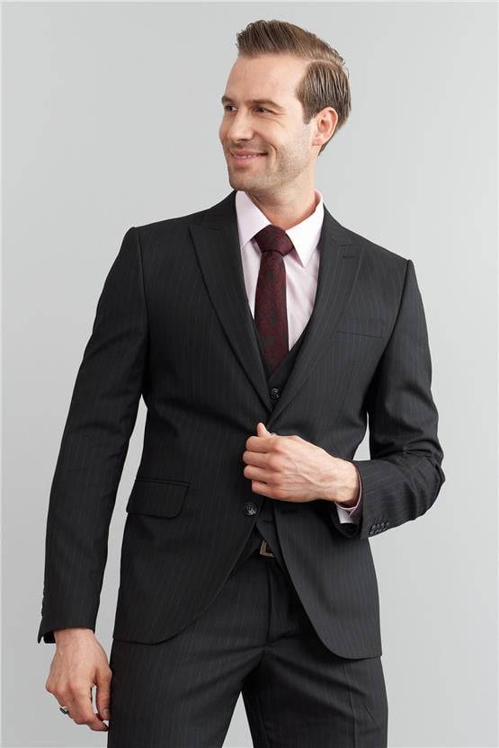 Çetinkaya Mentality 9545 Erkek Yünter Sivri Yaka Slim Fit Yelekli Takım Elbise Siyah Çizgili