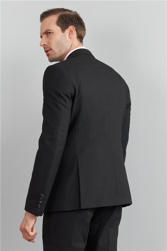 Çetinkaya Mentality 9545 Erkek Yünter Sivri Yaka Slim Fit Yelekli Takım Elbise Siyah Çizgili