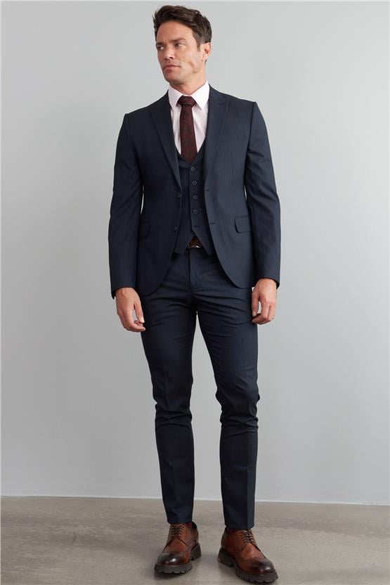 Çetinkaya Mentality 9545 Erkek Yünter Sivri Yaka Slim Fit Yelekli Takım Elbise Lacivert Çizgili