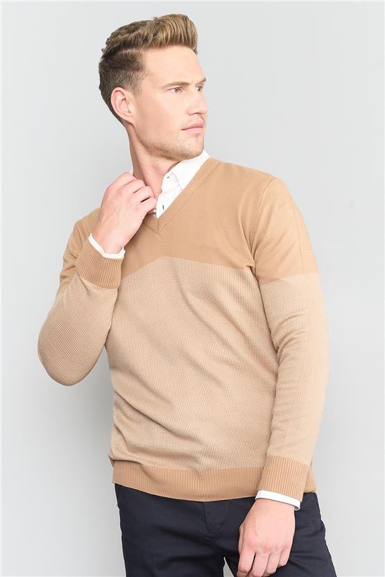 Çetinkaya Mentelity 3196 Erkek Bisiklet Yaka Triko Camel