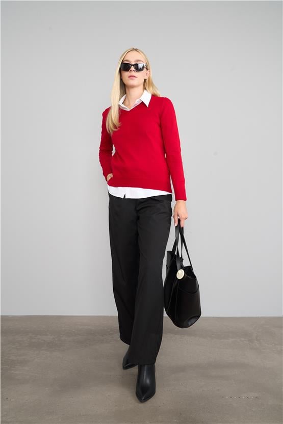 Çetinkaya Miramira Kadın V Yaka Koyu Kırmızı Kazak