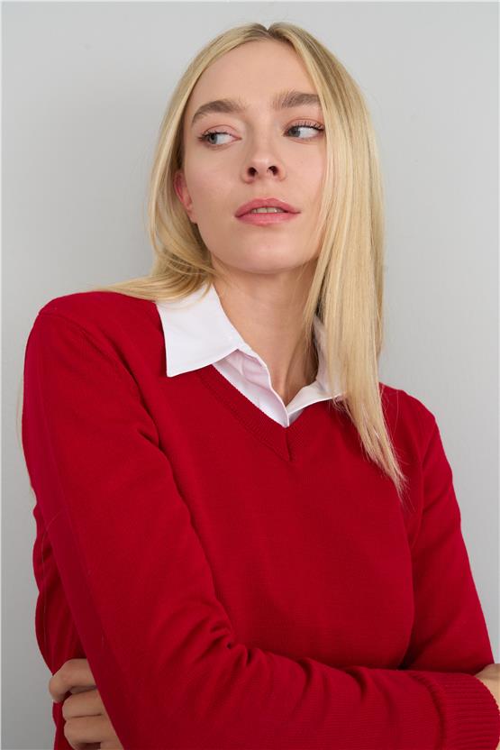 Çetinkaya Miramira Kadın V Yaka Koyu Kırmızı Kazak