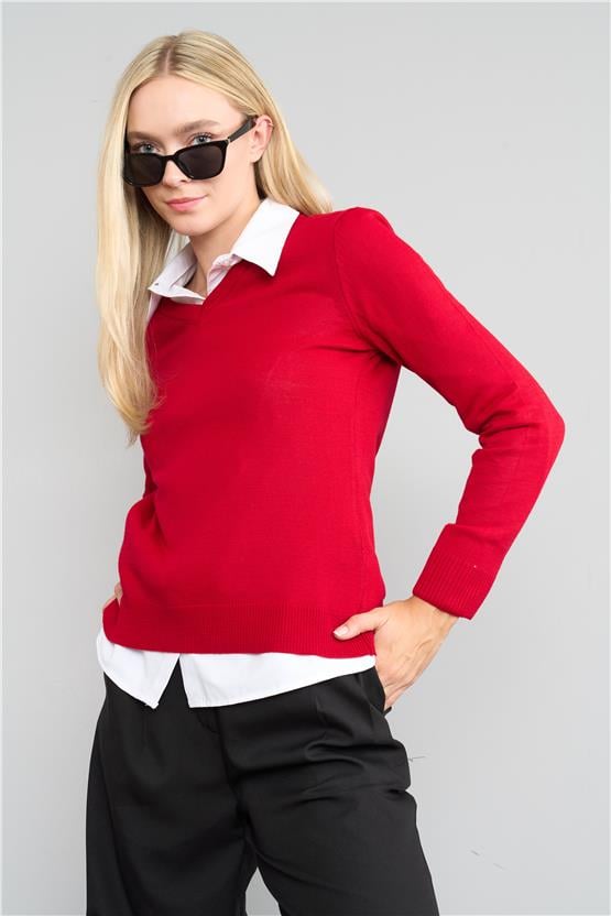 Çetinkaya Miramira Kadın V Yaka Koyu Kırmızı Kazak