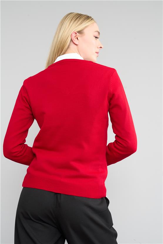 Çetinkaya Miramira Kadın V Yaka Koyu Kırmızı Kazak