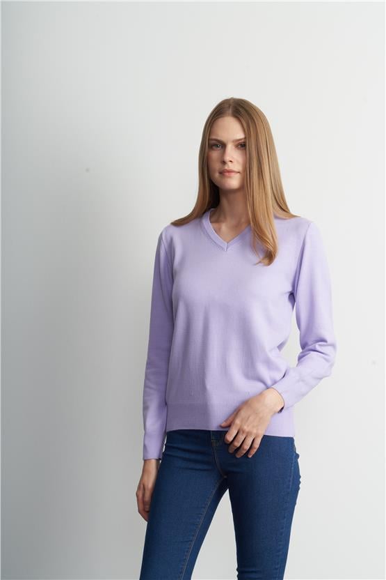 Çetinkaya Miramira Kadın V Yaka Lila Kazak