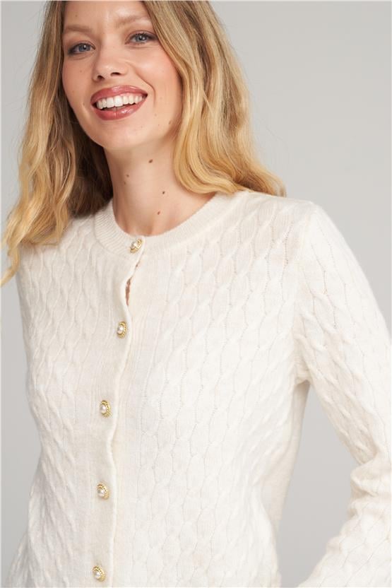 Çetinkaya Miya Mira 2314 Kadın Bisiklet Yaka Akrilik Triko Hırka Kırık Beyaz