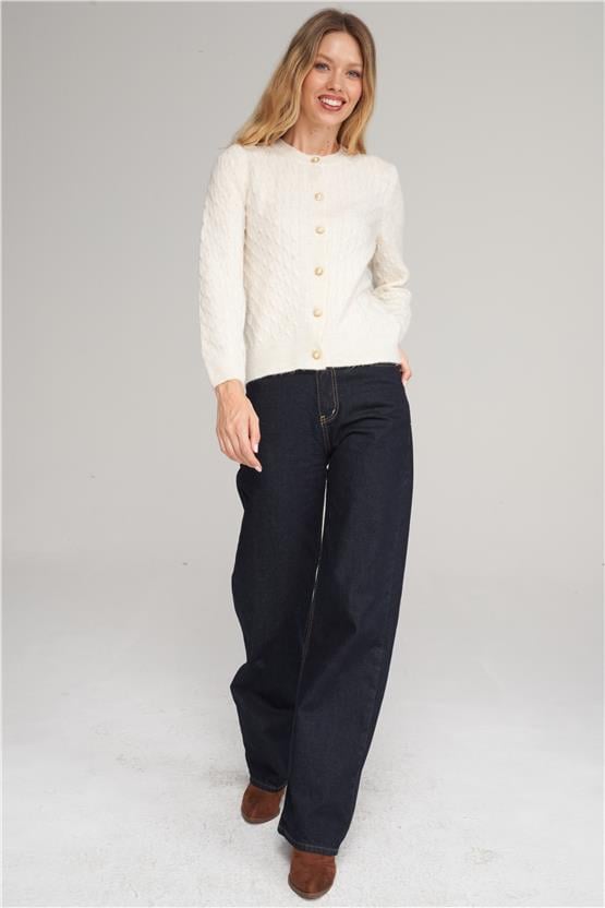 Çetinkaya Miya Mira 2314 Kadın Bisiklet Yaka Akrilik Triko Hırka Kırık Beyaz