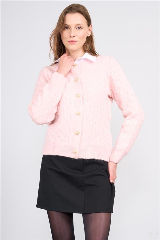 Çetinkaya Miya Mira 2314 Kadın Bisiklet Yaka Akrilik Triko Hırka Pudra