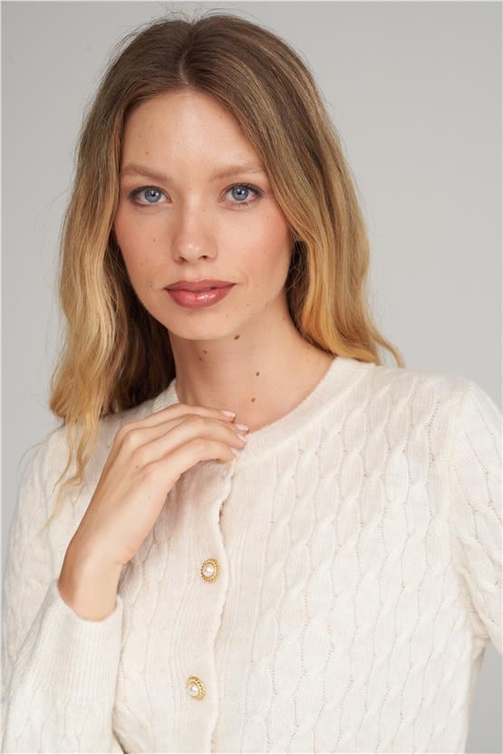 Çetinkaya Miya Mira 2314 Kadın Bisiklet Yaka Akrilik Triko Hırka Kırık Beyaz