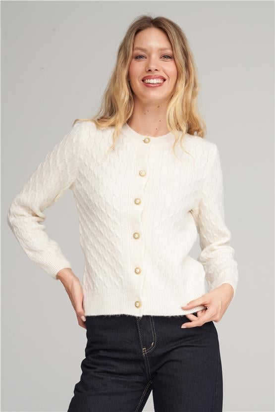 Çetinkaya Miya Mira 2314 Kadın Bisiklet Yaka Akrilik Triko Hırka Kırık Beyaz