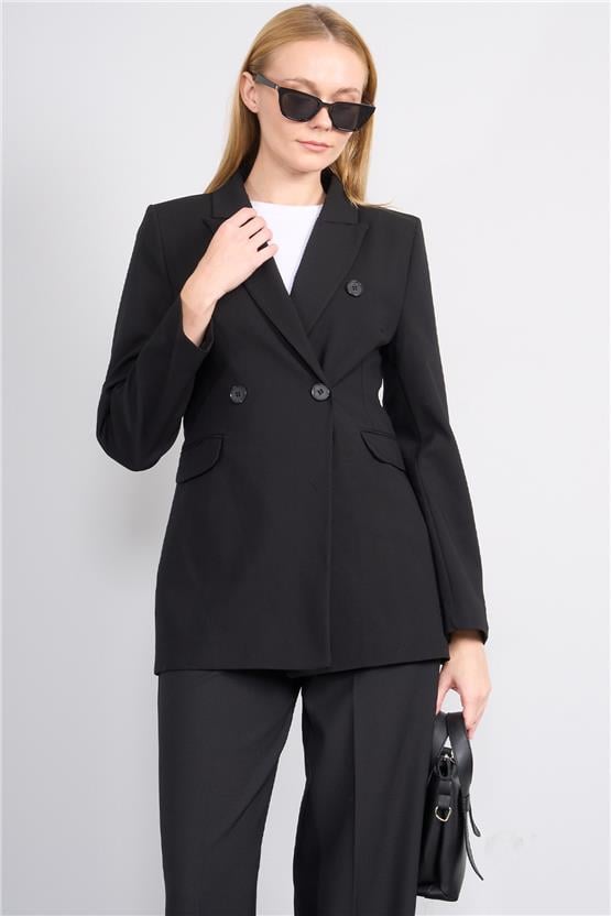 Çetinkaya Miya Mira 5246 Kadın Slim Fit Kruvaze Ceket Siyah