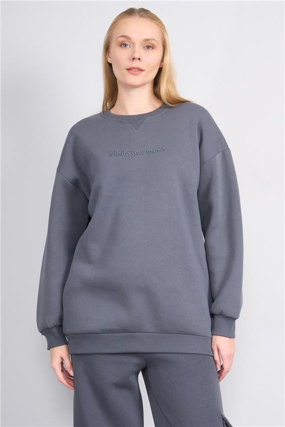 Çetinkaya Miya Mira Modest 8500 Kadın Bisiklet Yaka 3 İplik Loose Fit Sweatshirt Koyu Gri