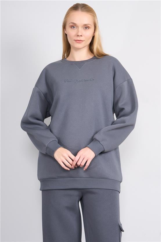 Çetinkaya Miya Mira Modest 8500 Kadın Bisiklet Yaka 3 İplik Loose Fit Sweatshirt Koyu Gri