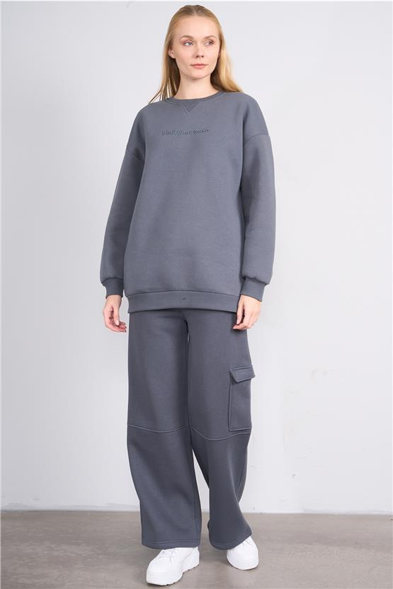 Çetinkaya Miya Mira Modest 8500 Kadın Bisiklet Yaka 3 İplik Loose Fit Sweatshirt Koyu Gri