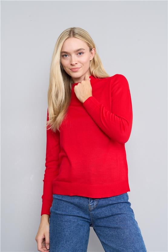 Çetinkaya Miyamira 2254 Kadın Dik Yaka Kırmızı Triko Kazak