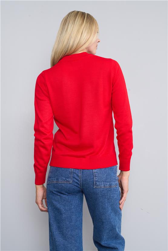 Çetinkaya Miyamira 2254 Kadın Dik Yaka Kırmızı Triko Kazak