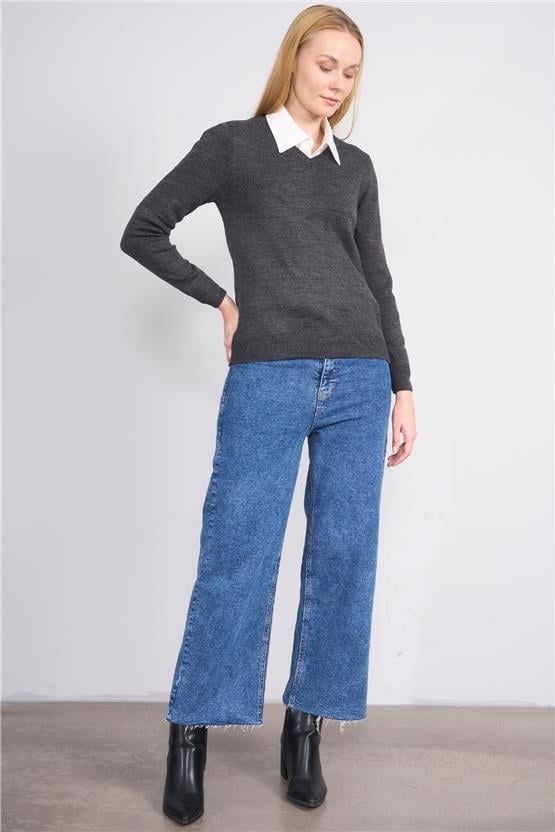 Çetinkaya Miyamira 2303 Kadın Basic V Yaka Soft İplik Triko Grimelanj