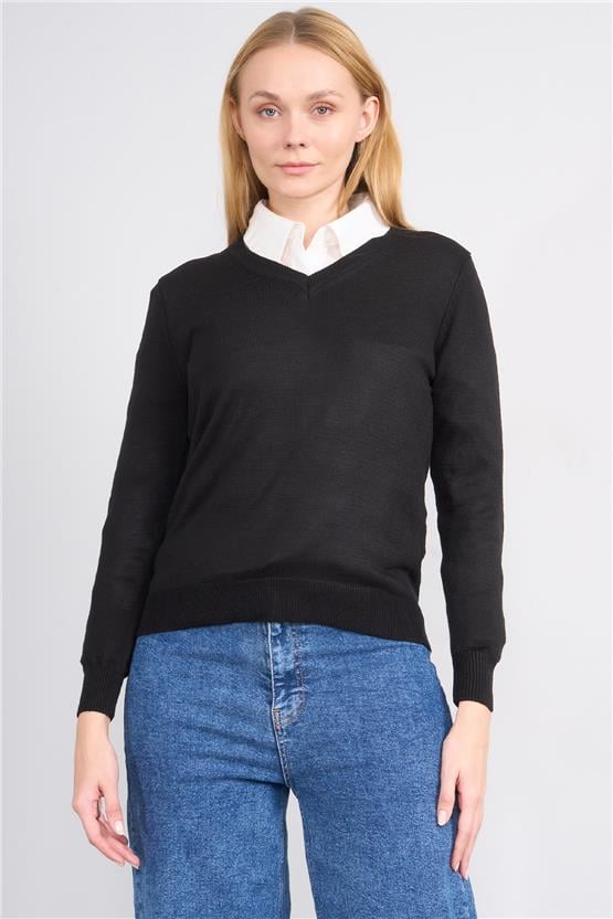 Çetinkaya Miyamira 2303 Kadın Basic V Yaka Soft İplik Triko Siyah