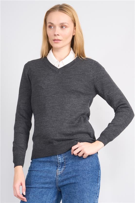 Çetinkaya Miyamira 2303 Kadın Basic V Yaka Soft İplik Triko Grimelanj