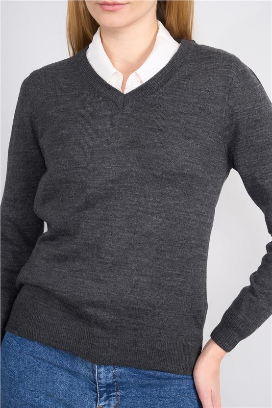 Çetinkaya Miyamira 2303 Kadın Basic V Yaka Soft İplik Triko Grimelanj