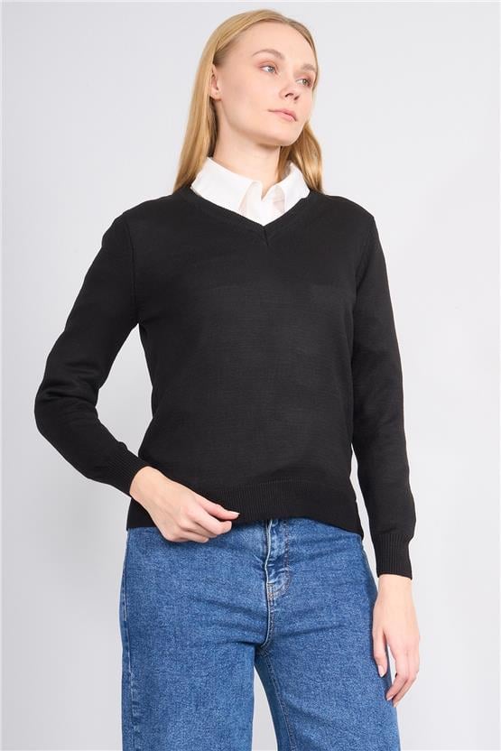 Çetinkaya Miyamira 2303 Kadın Basic V Yaka Soft İplik Triko Siyah