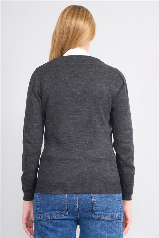 Çetinkaya Miyamira 2303 Kadın Basic V Yaka Soft İplik Triko Grimelanj