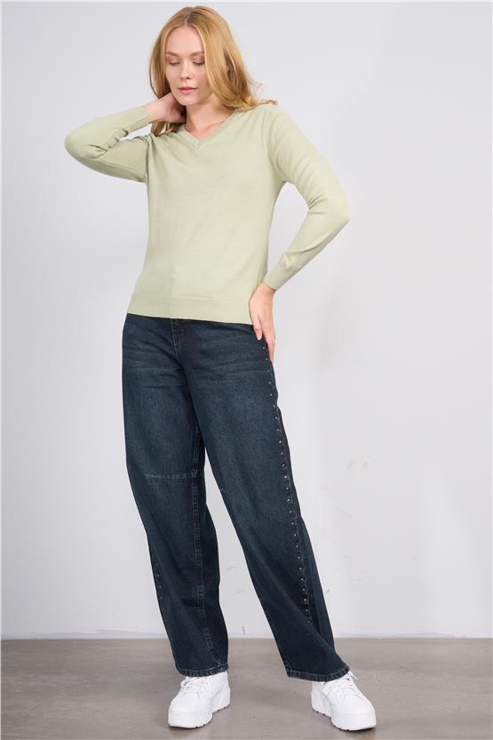 Çetinkaya Miyamira 2303 Kadın Basic V Yaka Soft İplik Triko Çağla