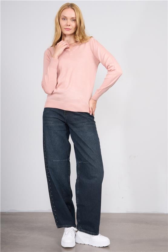 Çetinkaya Miyamira 2303 Kadın Basic V Yaka Soft İplik Triko Pudra