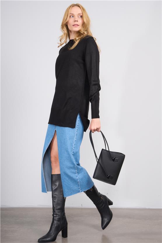 Çetinkaya Miyamira 2306 Kadın Basic Bisiklet Yaka Yanları Yırtmaçlı Triko Siyah