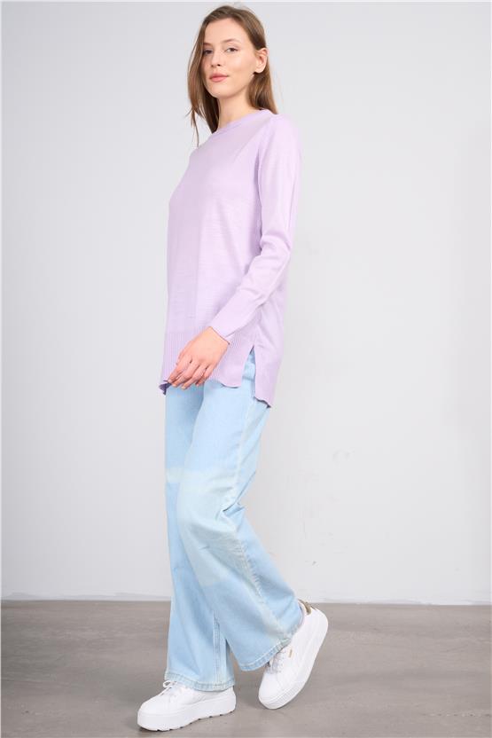 Çetinkaya Miyamira 2306 Kadın Basic Bisiklet Yaka Yanları Yırtmaçlı Triko Lila