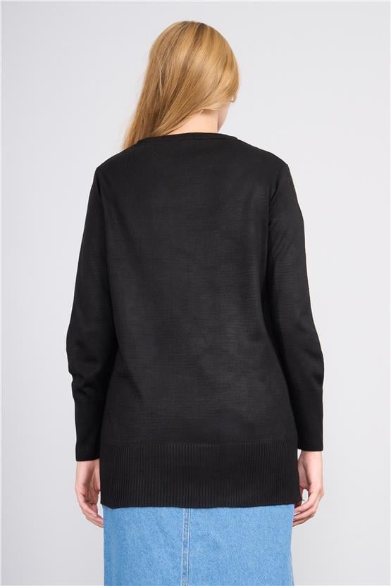 Çetinkaya Miyamira 2306 Kadın Basic Bisiklet Yaka Yanları Yırtmaçlı Triko Siyah