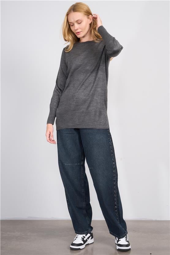 Çetinkaya Miyamira 2306 Kadın Basic Bisiklet Yaka Yanları Yırtmaçlı Triko Koyu Gri