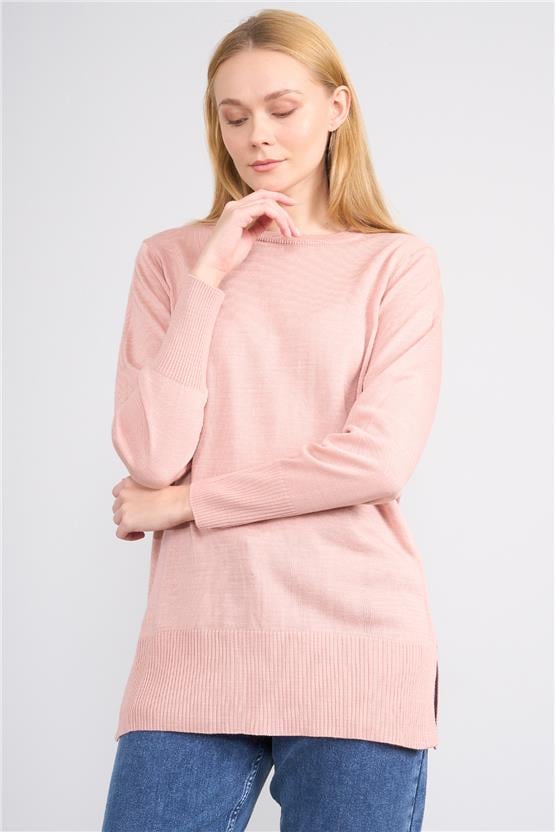 Çetinkaya Miyamira 2306 Kadın Basic Bisiklet Yaka Yanları Yırtmaçlı Triko Pudra