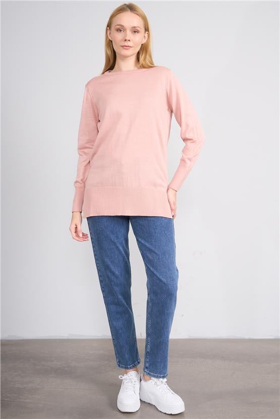 Çetinkaya Miyamira 2306 Kadın Basic Bisiklet Yaka Yanları Yırtmaçlı Triko Pudra