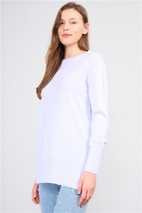 Çetinkaya Miyamira 2306 Kadın Basic Bisiklet Yaka Yanları Yırtmaçlı Triko Bebe Mavi