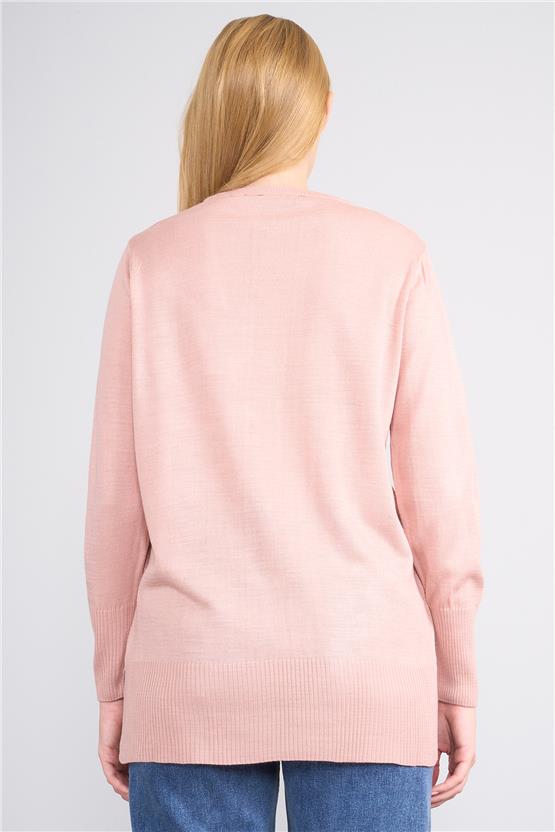 Çetinkaya Miyamira 2306 Kadın Basic Bisiklet Yaka Yanları Yırtmaçlı Triko Pudra