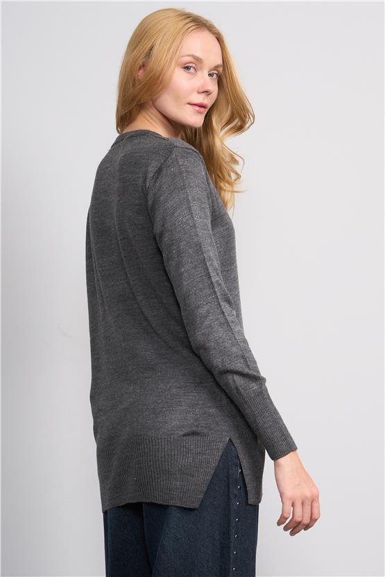 Çetinkaya Miyamira 2306 Kadın Basic Bisiklet Yaka Yanları Yırtmaçlı Triko Koyu Gri